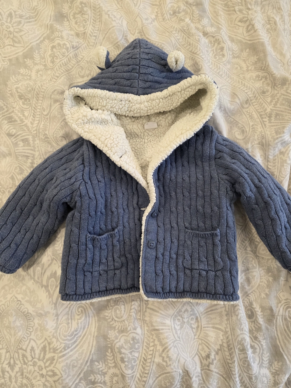 GAP Blue Hooded Sherpa-Lined Jacket with Ear Accents, Size 12-18mths